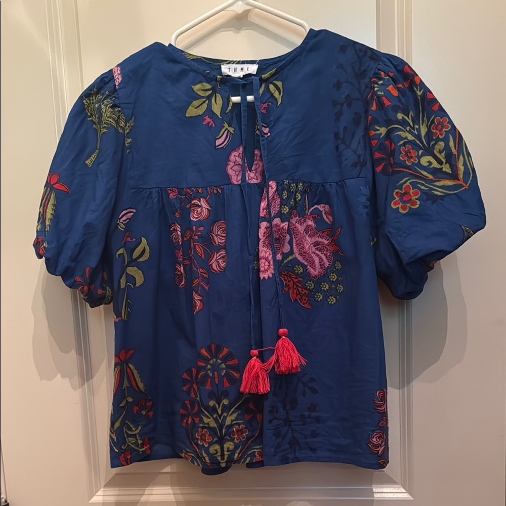 Floral THML Blue Blouse with Pink Accents